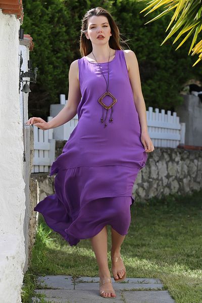Chiccy Purple Pool Collar Sleeveless Thin Double-Layer Casual Woven Dress 135 55
