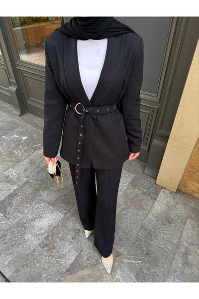 MYGİYİMİSTANBUL Tie-Up Blazer Jacket Wide Leg Trousers Set