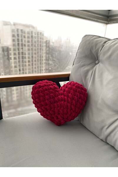 Alize Puffy Romantik El örgüsü kalpli yastık 35 x 30 cm Vişne rengi 107
