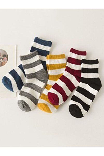Sky Socks Set of 5 Economical White Striped Circle Patterned Unisex Tennis Socks