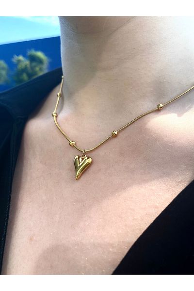 Mia Dorika Chain Heart Detailed Gold Color Steel Necklace