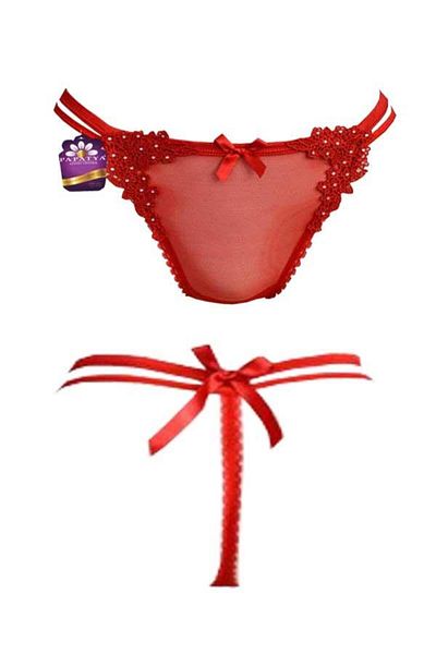 Papatya Women's Transparent Stone Lace Detailed Ribbon String Thong (4879)