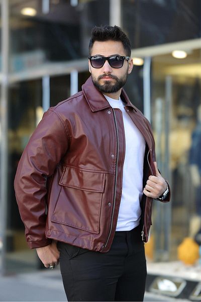 RHONES Men's Spring Leather Jacket with Pocket Pocket