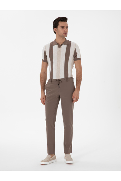 Cacharel Bej Slim Fit Beli Bağcıklı Esnek Klasik Pantolon 50310507-VR011