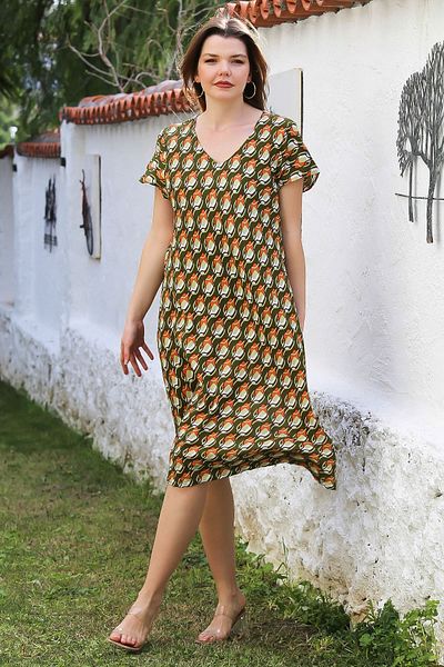 Chiccy Rochie țesătă din viscoză, verde închis, cu decolteu în V, cu mâneci căzute, imprimată peste tot 115 66
