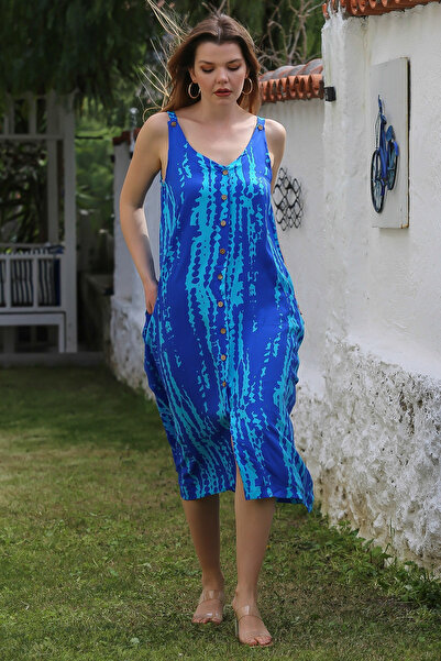 Chiccy Turquoise Straps Buttoned Pocket Allover Printed Casual Viscose Woven Dress 115 60