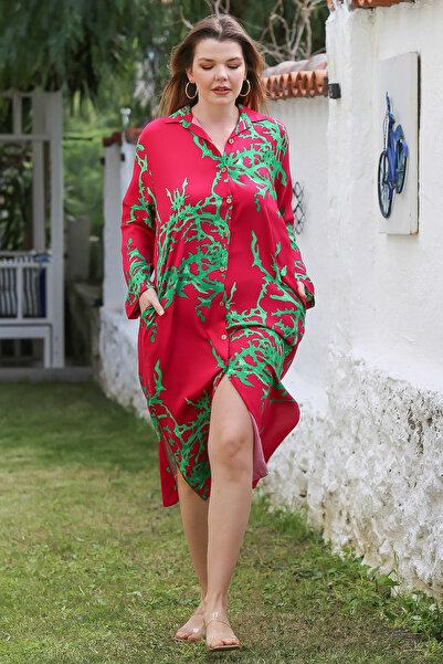 Chiccy Червона сорочка з коміром на ґудзиках, довгими рукавами, потайними кишенями та розрізом, повсякденна віскозна тканина, 125 65