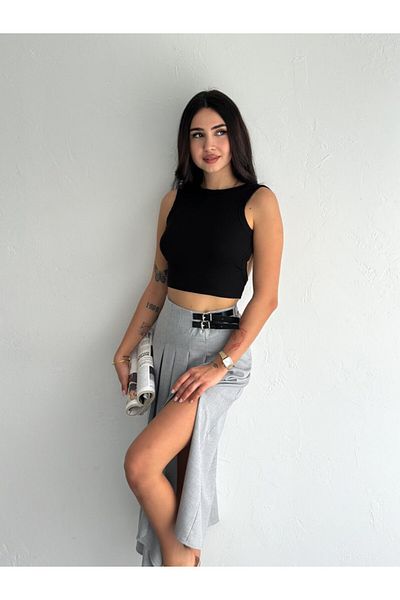 Gugus Women's Long Lima Fabric Skirt with Secret Slit on the Side and Double Belt Detail on the Waist