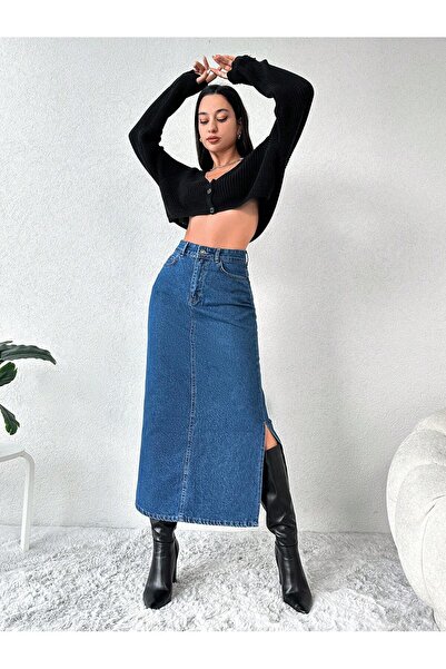 Dema Women's Side Slit 100% Cotton Denim Skirt