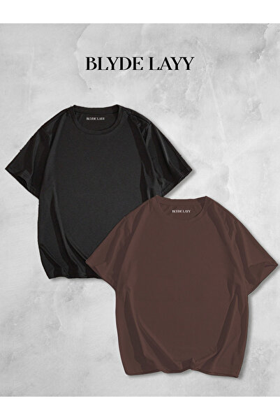 BLYDE LAYY Μπλουζάκι 2 τεμαχίων μαύρο-καφέ Oversize Μονόχρωμο μπλουζάκι χωρίς στάμπα