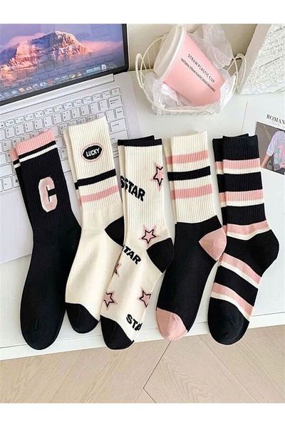 Sky Socks Комплект от 5 икономични унисекс тенис чорапи с розово-черно-екрю шарки