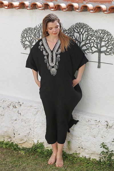 Chiccy Black V Fat Bat, Casual Viscose Woven Dress with Hidden Pocket on Sleeve and Slit Embroidery 140 95