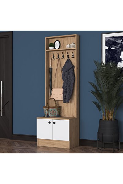 Rani Mobilya Rani P6 Modern Kapaklı Askılı Raflı Portmanto Vestiyer Sepet Ceviz - Beyaz M16