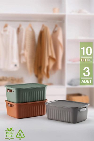 HOMENIVA 3 Pieces 10 Lt Multi-Purpose Organizer Box with Lid, Decorative Storage Box