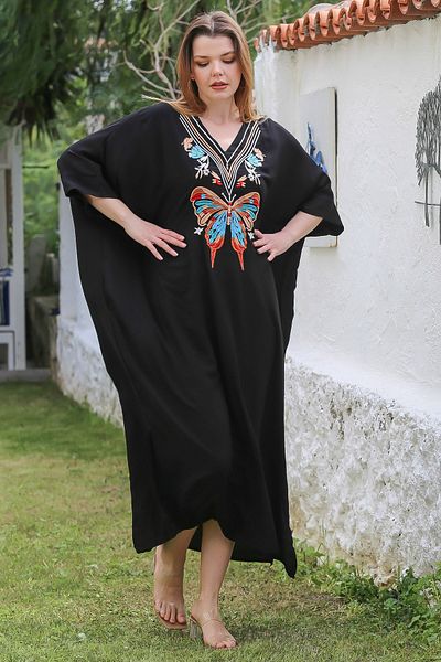 Chiccy Black V-Neck Bat Sleeve Hidden Pocket Slit Embroidered Casual Viscose Oversize Woven Dress 140 95