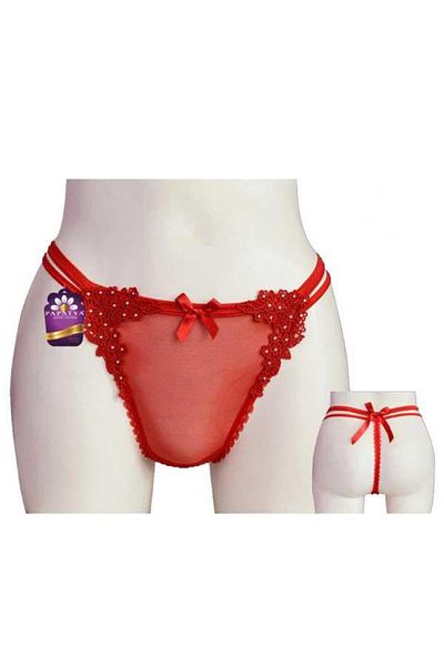 Papatya Women's Transparent Stone Lace Detailed Ribbon String Thong (4879)