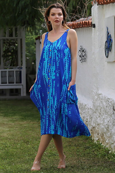 Chiccy Turquoise Straps Buttoned Pocket Allover Printed Casual Viscose Woven Dress 115 60