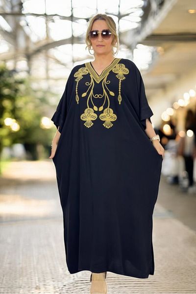 yagmurberen With Pocket Embroidered V-Collar Low Sleeve Large Size Cotton Viscose Large Size Dress Size 58-62