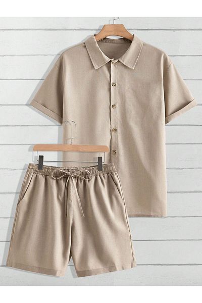 Altamira Men's Beige Linen Short Sleeve Shirt Shorts Set