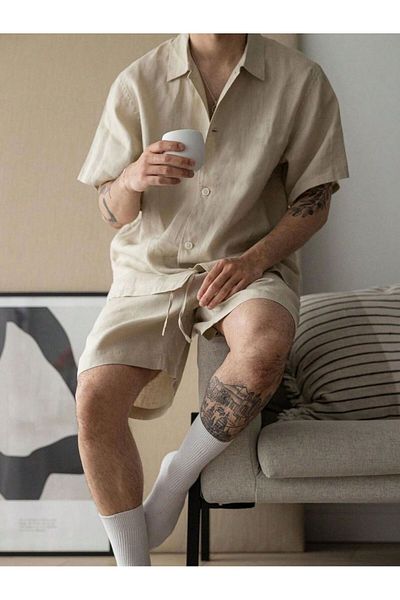 Altamira Men's Beige Linen Short Sleeve Shirt Shorts Set