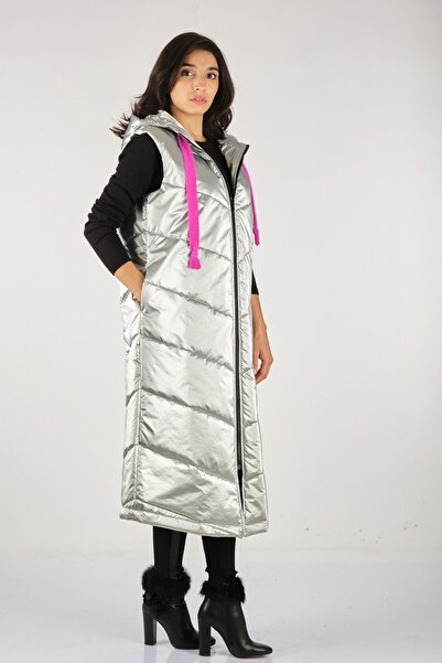 Naar με κουκούλα Γυναικείο ασημί αμάνικο γιλέκο με φερμουάρ 21231810