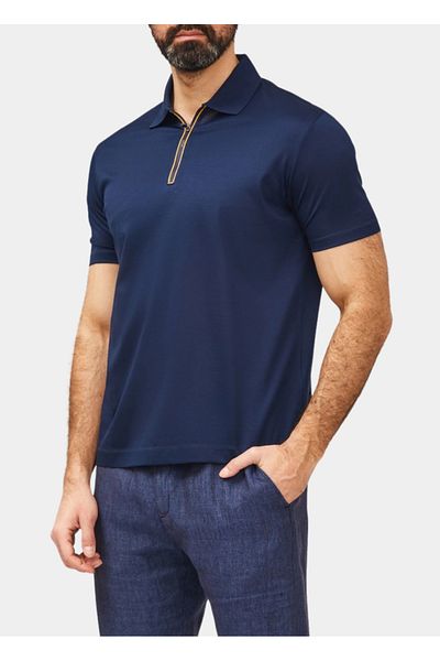 PAUL&SHARK Men's Short Sleeve Cotton Polo Neck Zipper Closure Navy-Gold Polo Neck T-Shirt 25411231 -13E