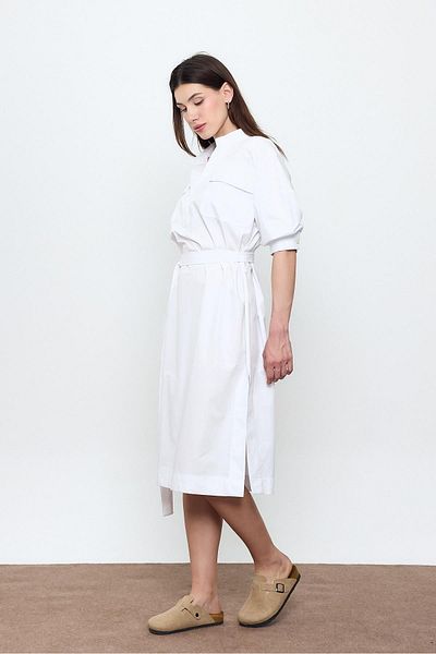 SHERIN White 100% Cotton Midi Length Shirt Dress