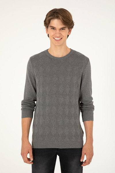 U.S. Polo Assn. Мъжки пуловер с дълъг ръкав, 100% памук, сив, с кръгло деколте и самодесен деколте, 1957259