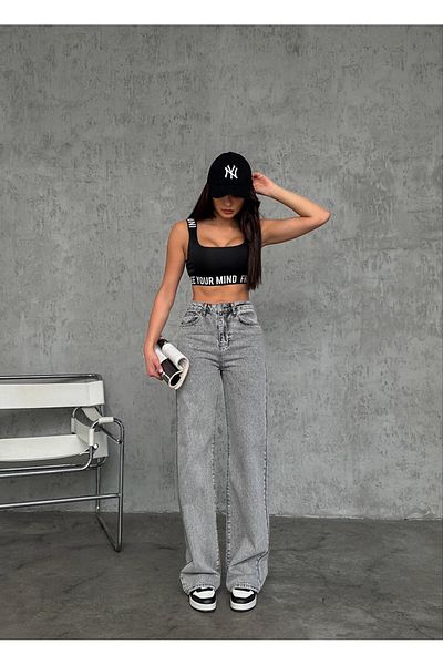 Zeo Basic Wide-Leg Wide Leg Gray Snow Wash Denim Pants