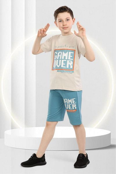 BUUFUU Game over Printed Summer Children's Short Sleeve Shorts Crew Neck T-Shirt Bottom Top Set
