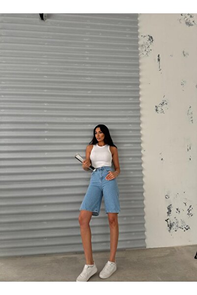 Zeo Basic YANLARDAN  YIRTMAÇLI  FRESH MAVİ DENİM ŞORT