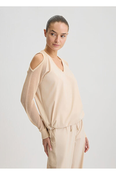 Liu Jo Kadın Normal Kalıp Beli Lastikli V Yaka Omzu Açık Kolları Tül Detaylı Bej Sweatshirt TA5070T2900-412
