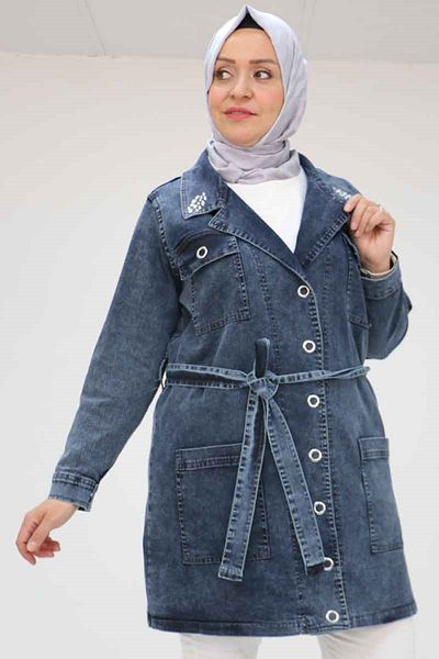 Eslina 43070 Large Size Stone Embroidered Cuffed Denim Jacket - Navy Blue