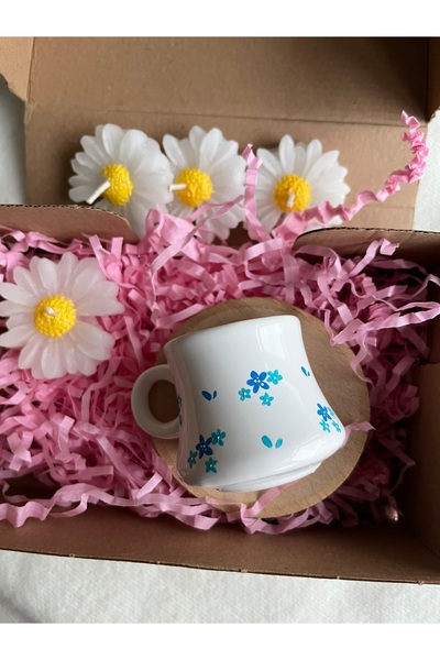 Flossy Design فنجان قهوة فردي زهرة زرقاء مع هدية شمعة، كوب مصنوع يدويًا