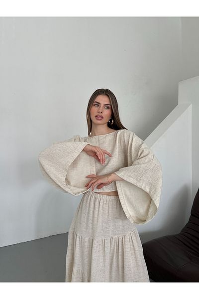 Laluvia Σετ μπλούζας με φούστα από φυσικό 100% βαμβάκι με λεπτομέρεια σχισμής στο πλάι - 251026