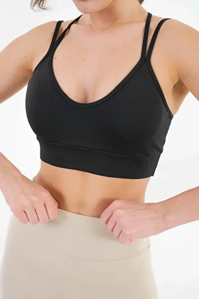 Saade Black Padded V-Neck Back Cross Strap Detailed Knitted Crop Bustier - Padded Sports Bra