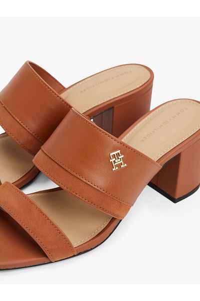 Tommy Hilfiger Women's High Heel Sandals Th Logo Double Strap Leather Brown