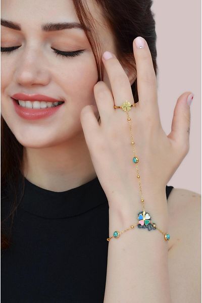 Sacce Scarves&Accessories Turquoise Stone and Clover Steel Shahmeran Bracelet - Colorful Ring