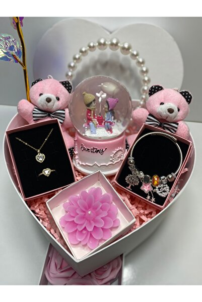 miraybutikhediyelikesya Beyaz kalp kutulu hediye seti, kar küresi, kolye, bileklik, yüzük, sonsuzluk gülü, peluş ayıcık,