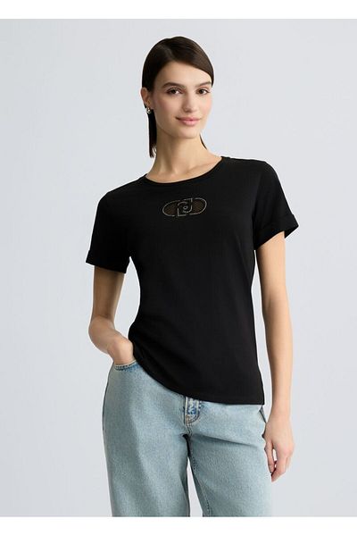 Liu Jo Women's Regular Fit 100% Cotton Chest Logo Round Neck Short Sleeve Black T-Shirt Ta5180Js923-M9308