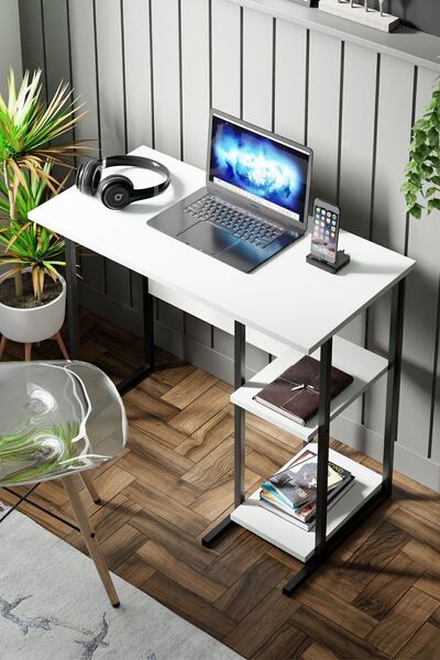 Ceramical Msr2 Computer Desk, Home Office Desk With Storage Shelves, Study Writing Desk - White