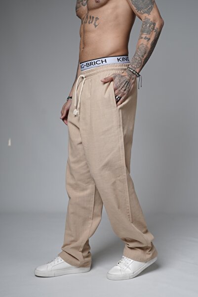 Butik TREND BİZ Beli Lastikli ve Kordonlu Baggy Kalıp Likrasız Keten Kumaş Erkek Pantolon