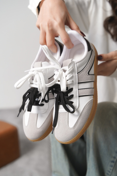 Moda Değirmeni White-Grey Women's Double Lace-Up Non-Slip Sole Sneaker Shoes Md1095-101-0003