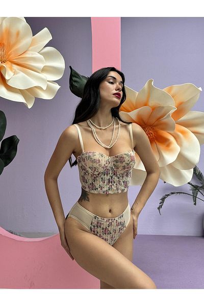 DoDe Flora Set bustieră cu model de flori cu sclipici susținut - Cansoy 682