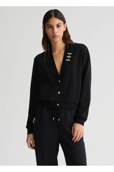 Liu Jo Women's Black Sweatshirt V Neck Short Length Long Sleeve Button Closure