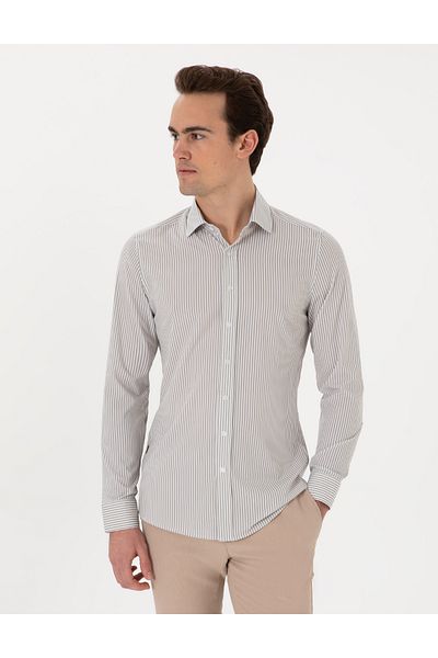 Pierre Cardin Χακί ριγέ Ex. Slim Fit μακρυμάνικο πουκάμισο 50303897-vr027