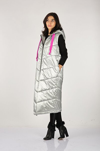 Naar με κουκούλα Γυναικείο ασημί αμάνικο γιλέκο με φερμουάρ 21231810