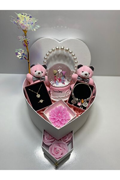 miraybutikhediyelikesya Beyaz kalp kutulu hediye seti, kar küresi, kolye, bileklik, yüzük, sonsuzluk gülü, peluş ayıcık,