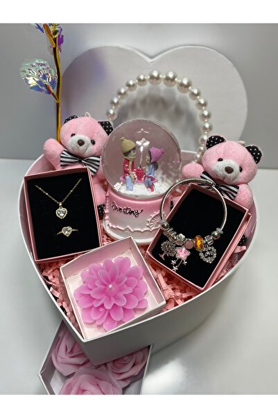miraybutikhediyelikesya Beyaz kalp kutulu hediye seti, kar küresi, kolye, bileklik, yüzük, sonsuzluk gülü, peluş ayıcık,