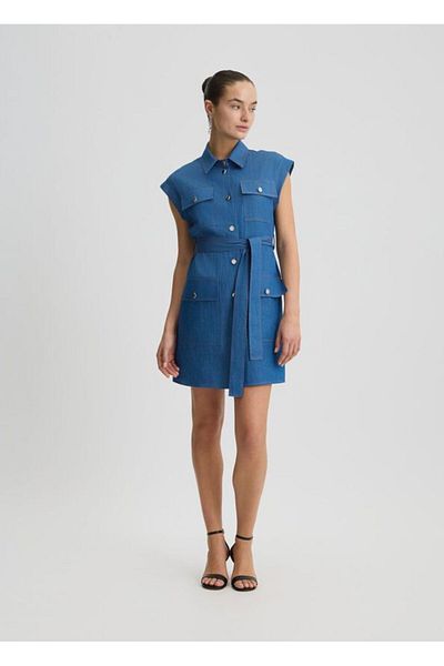 Liu Jo Blue Women's Dress - Tie Rope Waist, Button Closure, Regular Fit Collar, Sleeveless Short